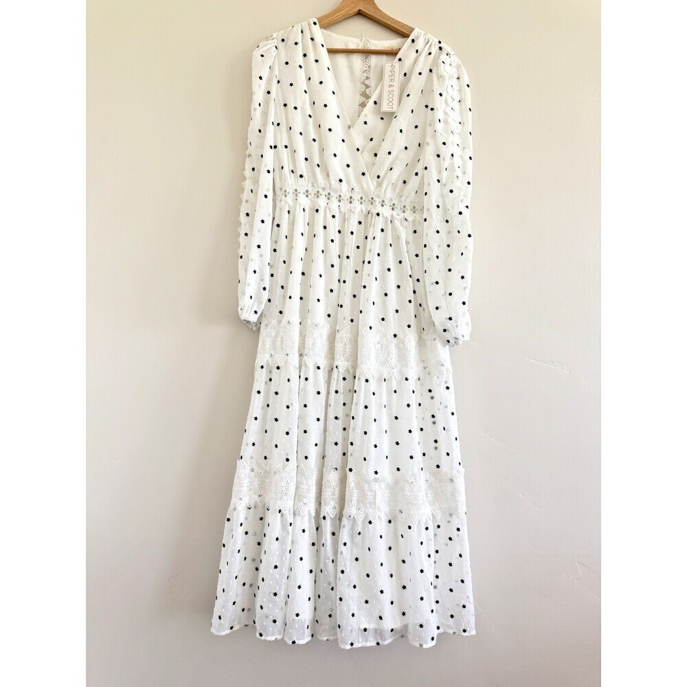 Just Me White and Black Tiered boho chic Ruffled maxi Sundress romantic size M